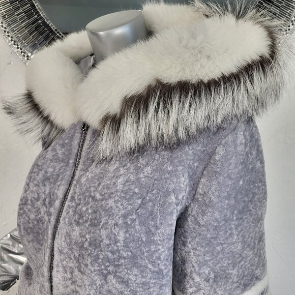 MITCHIE'S~M/L~SILVER GRAY GENUINE SHEARLING REAL FOX FUR HOODED PARKA COAT - Picture 10 of 16